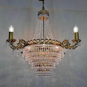 Antique / Vintage Brass & Crystals Chandelier with 4 Arms Empire Chandelier Huge Chandelier Ceiling Lamp Lighting Fixtures 1960's