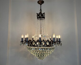 Antique / Vintage Brass & Crystals HUGE Chandelier Lighting | Mid-Century French Empire 10 Arm Light Fixtures