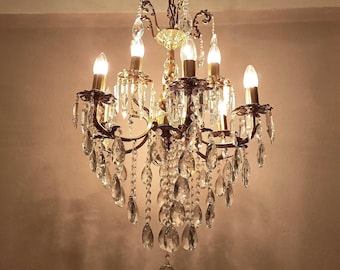 Antique French Empire Brass & Crystal Chandelier | Vintage Gold Plated 9-Arm Ceiling Lamp 1960’s