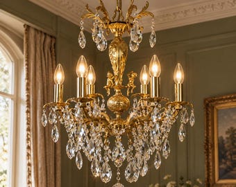 Antique / Vintage  Brass & Crystal Chandelier • 6-Arm French Gold Plated Ceiling Lamp, 1970s