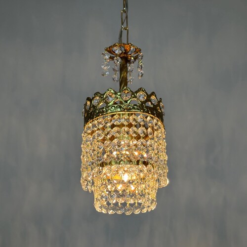 Antique / Vintage Brass & Crystal Chandelier Light Fixtures 1960’s •DUTY FREE [USA]