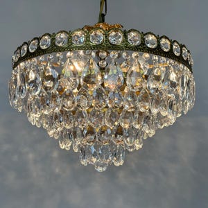 Antique / Vintage Brass & Crystals Lamp Lighting Fixtures Empire Style Crystal Chandelier Ceiling Lamp 1950’s