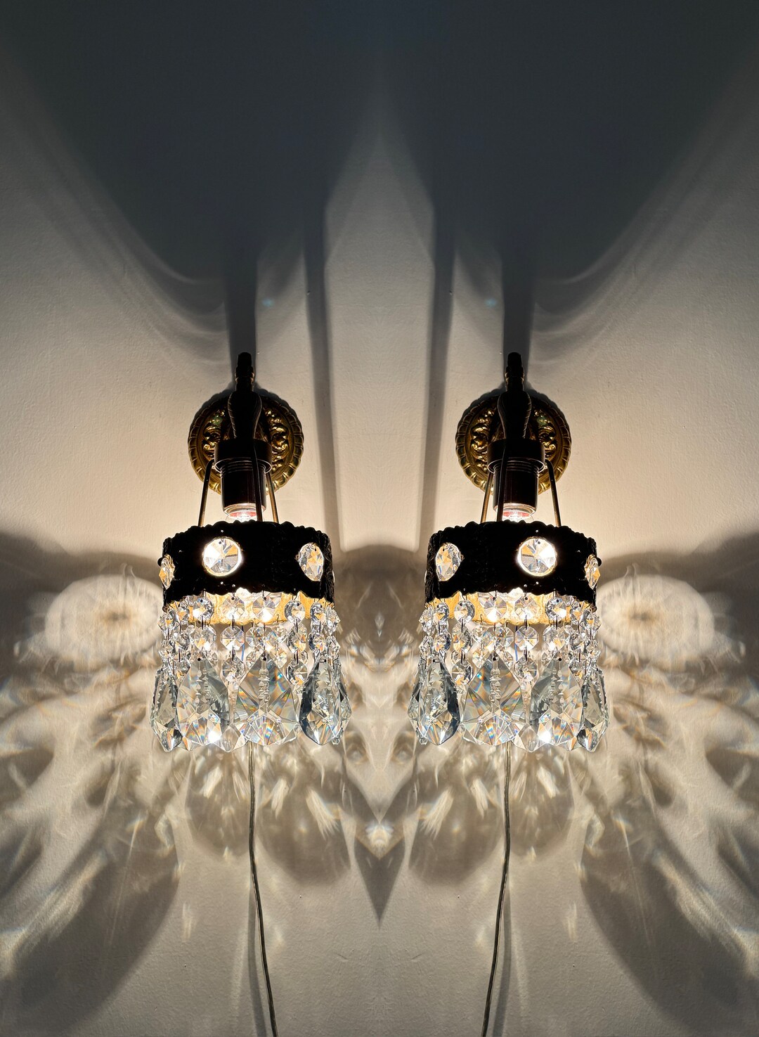 Pair of Antique / Vintage Sconces French Brass & Crystals Sconces Wall ...