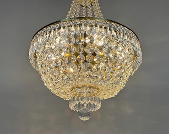 Antique / Vintage Brass & Crystal Chandelier Lighting - 1960s Ceiling Light Fixtures