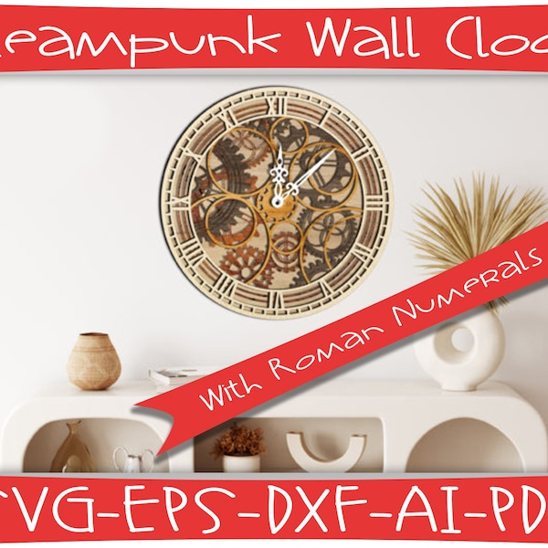 Steampunk Wall Clock SVG With Roman Numerals, Cut Files for Cricut or Silhouette or more, 5 Layer Wall Clock Cut File