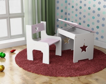 Kinderstuhl und Tisch mit Stauraum  , Baby chair and table ,Chaise et table pour enfants , Children's desk,KinderHocker