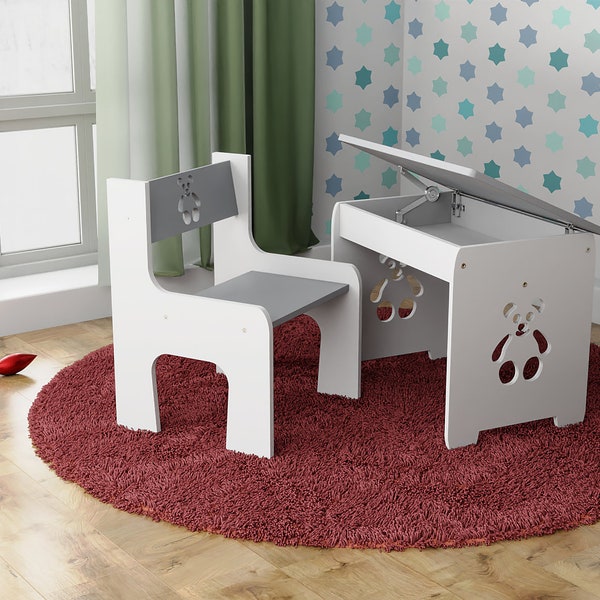 Kinderstuhl und Tisch mit Stauraum  , Baby chair and table ,Montessori Lernhocker, Kleinkind Turm, Kleinkind Lernhocker, Tisch,