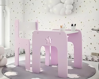 Handmade Wooden Table and Chair Set for Kids with Star Pattern - Montessori Play Table, Desk and Learning Table for Toddlers