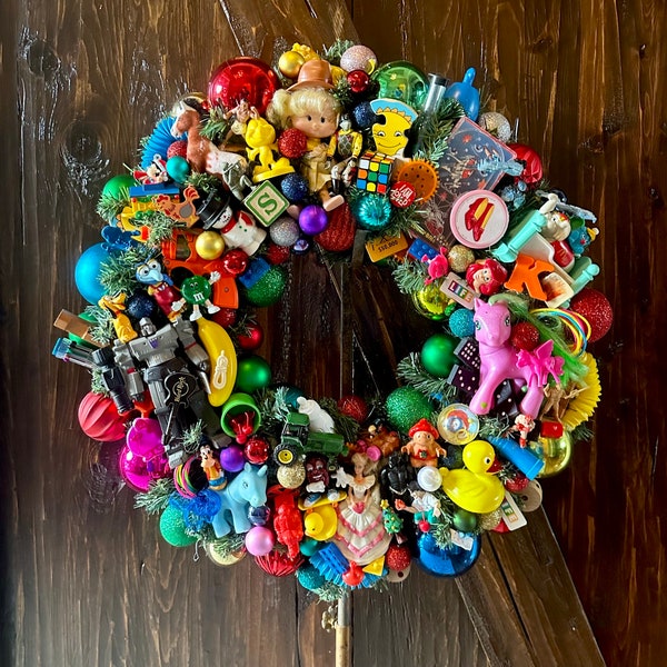 Upcycled Retro 1980's Vintage Toys Christmas Wreath * Kitsch * Colorful Shiny Bright Ornaments * Funky & Fun * 22" Large Round Wreaths