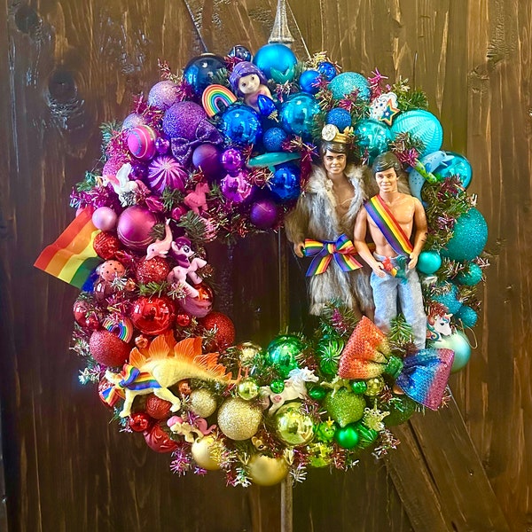 Upcycled Pride Rainbow Christmas Wreath * LGBTQ+ Gay Queer Fabulous * Kitsch * Shiny Bright Ornaments * Big 22" Vintage Retro Love is Love