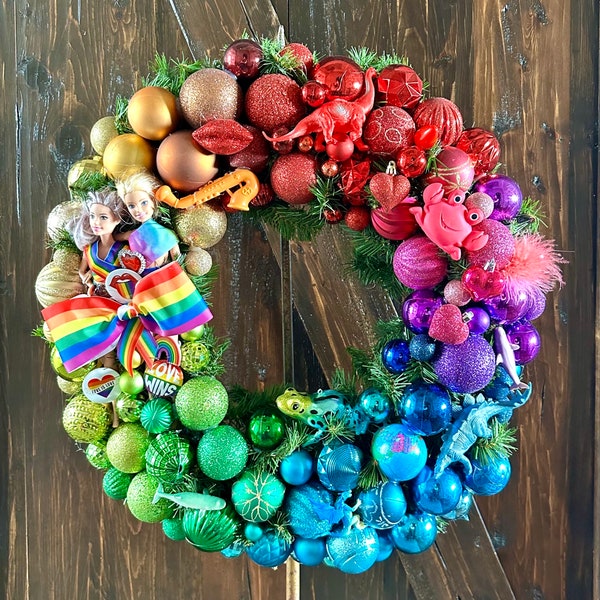 Upcycled Pride Rainbow Christmas Wreath * LGBTQ+ Gay Queer Barbie Lesbian Drag * Love is Love  * Kitsch * Bright Ornaments * Big 22" Wide