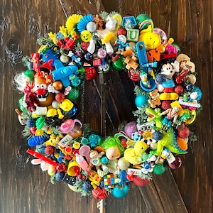 Upcycled Retro 1980's Vintage Toys Christmas Wreath * Kitsch * Colorful Shiny Bright Ornaments * Funky & Fun * 22" Large Round Wreaths