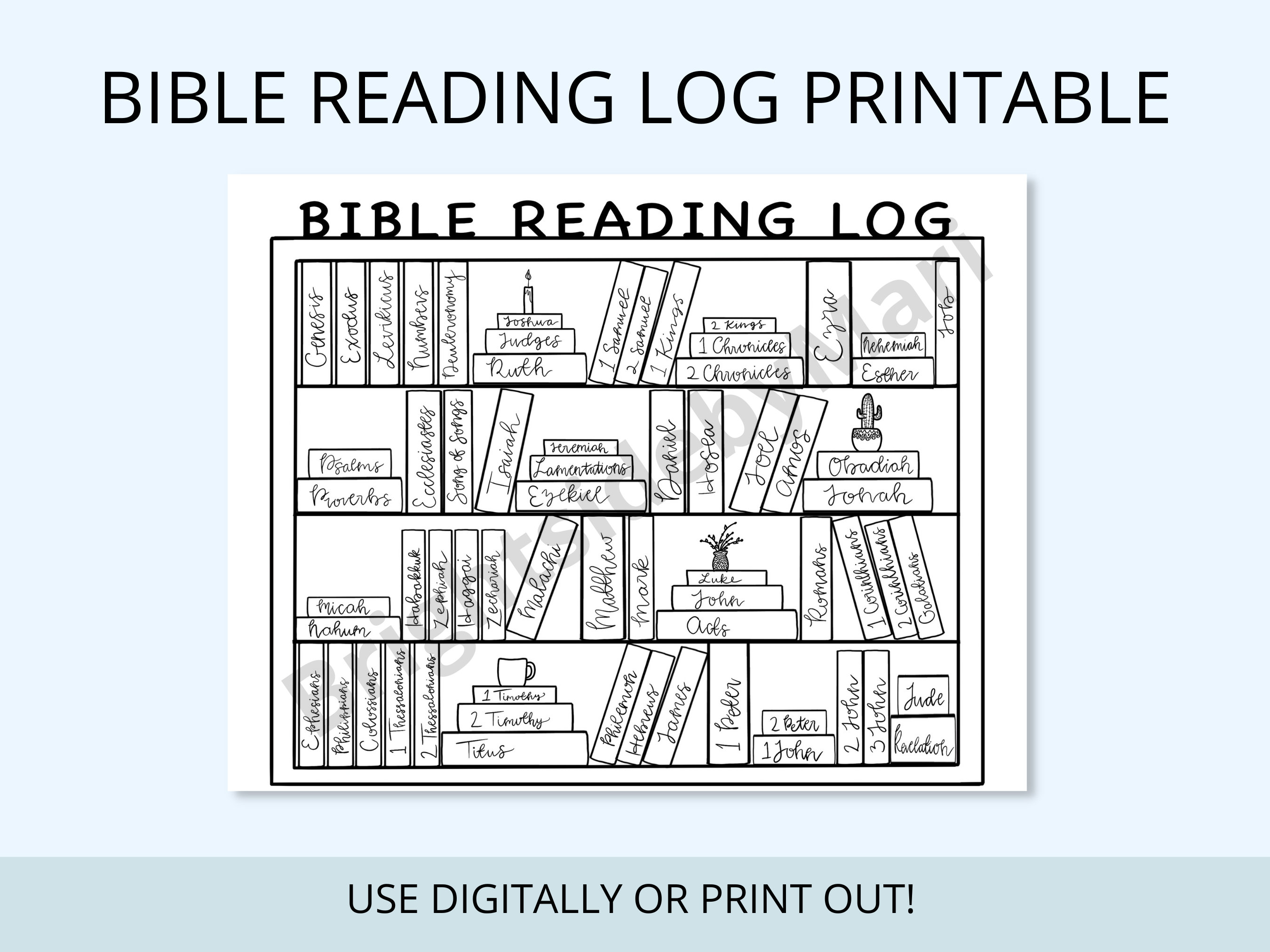 Bible Reading Log- Books of the Bible bookcase tracker coloring page digital download printable checklist Letter size Goodnotes Notability