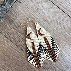 Cream Moon Beaded Earrings ⋄ Beaded Long Fringe Seed Bead Earrings ⋄ Boho Earrings ⋄ Gift For Her ⋄ Miyuki Delica
