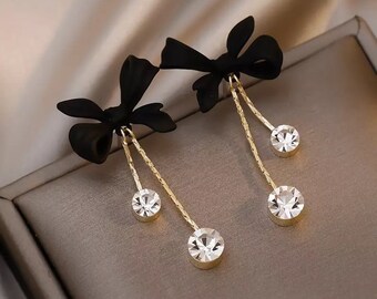 Cute velvet black bow earrings with gem hoop clip-on available