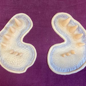 May include: Two pale, textured, kidney-shaped objects with a light blue border. Each has three small, rounded bumps and four larger, conical protrusions. The objects are set against a purple background.