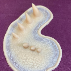 May include: A pale, irregularly shaped prosthetic appliance with three conical spikes and three smaller rounded protrusions. The textured surface has a light blue hue around the edges. The object is set against a purple background.