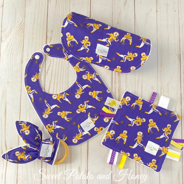 Geaux LSU Football!  - Baby Gift Set, Bib and Burp Cloth, Crinkle Tag Lovey, and Maple Wood Teether  *FREE SHIPPING*