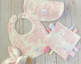 Classic Pink Toile!  - Baby Gift Set, Bib and Burp Cloth, Crinkle Tag Lovey, and Maple Wood Teether  *FREE SHIPPING*