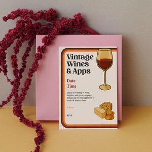 70s Style Wine and Appetizers or Charcuterie Party Invitation for Digital Download