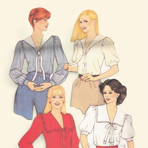 May include: A collection of four fashion illustrations featuring various tops and bottoms. One figure wears a blue pinstriped long-sleeve blouse with blue pants, another a white short-sleeve blouse with a tan skirt, a red long-sleeve blouse, and a white blouse with red pants.