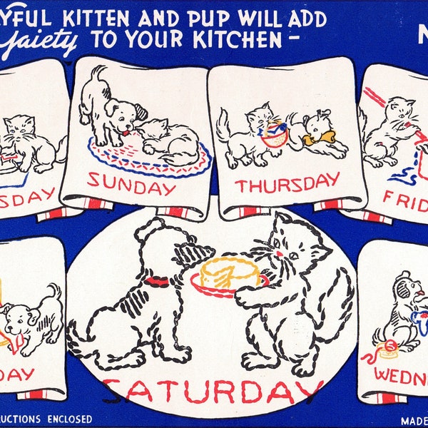 Vintage Playful Kitten & Pup Days of the Week Embroidery Designs - PDF Reproduction