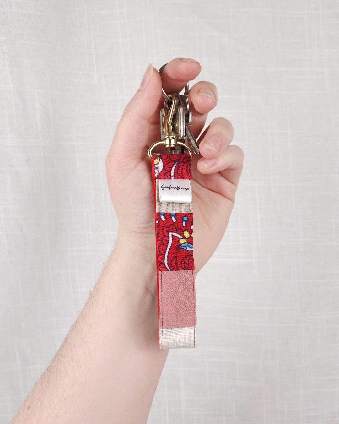 Red Key Ring With Checkered and Floral Pattern in Patchwork Design ...