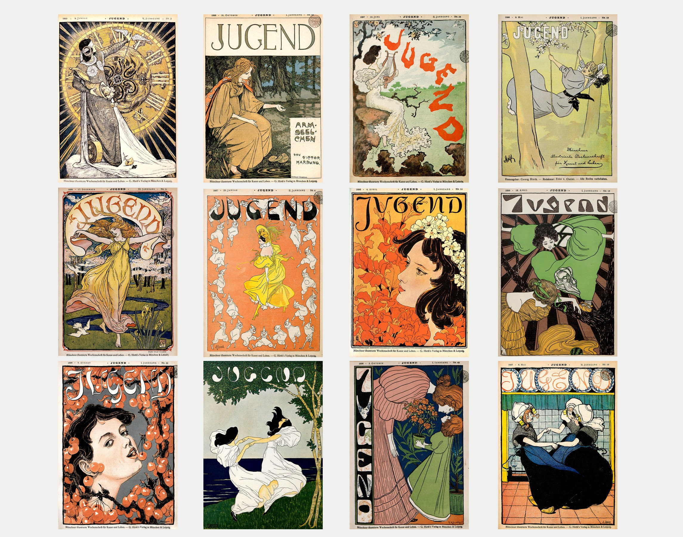 Art Nouveau Set Of 12 Vintage Cover Magazine Jugend 1890s Etsy