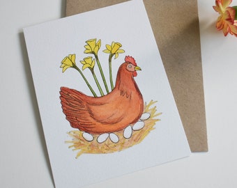 Spring Greeting Card, Easter Card, Daffodil Flowers, Chicken Laying Eggs