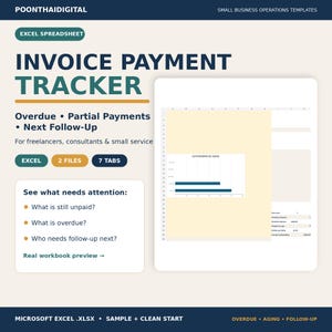 Square hero image for the Invoice Payment Tracker showing a real Excel workbook dashboard with Overdue, Partial Payments and Next Follow-Up messaging, plus 2 Excel files and 7 tabs.
