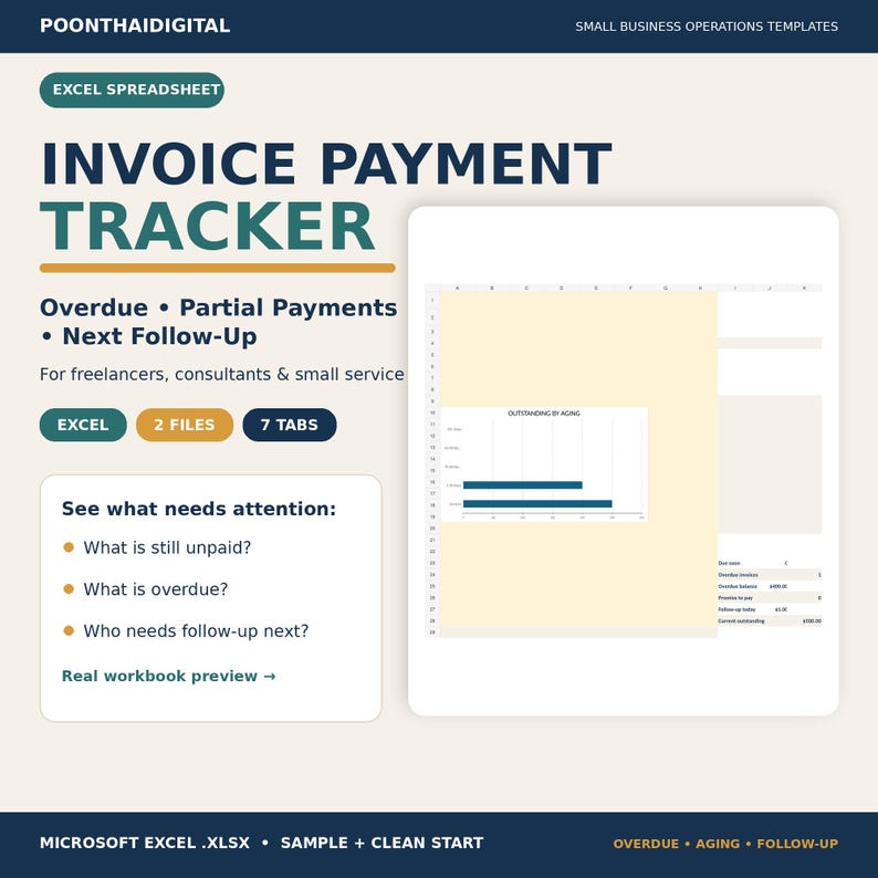 Square hero image for the Invoice Payment Tracker showing a real Excel workbook dashboard with Overdue, Partial Payments and Next Follow-Up messaging, plus 2 Excel files and 7 tabs.