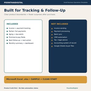 Product boundaries image for the Excel tracker stating it supports invoice, payment, aging and follow-up tracking but does not send invoices, process payments, sync banks, automate CRM, provide tax/legal advice or include Google Sheets buyer files.