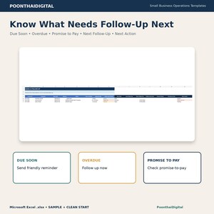 Gallery image explaining next-action workflow in the Excel tracker: Due Soon, Overdue, Promise to Pay, Next Follow-Up Date and Next Action, with real workbook proof.
