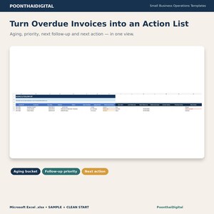 Real Excel AGING & FOLLOW-UP sheet preview showing overdue balance, aging bucket, follow-up priority, next follow-up date, contact status, promise-to-pay date and next action.