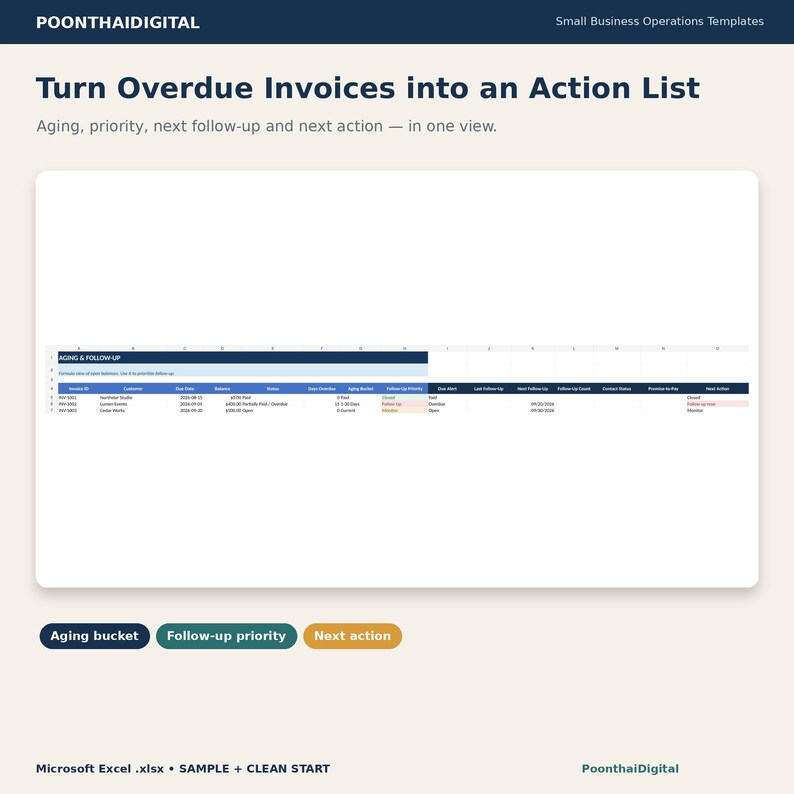 Real Excel AGING & FOLLOW-UP sheet preview showing overdue balance, aging bucket, follow-up priority, next follow-up date, contact status, promise-to-pay date and next action.