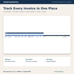 Real Excel INVOICES sheet preview showing invoice date, due date, invoice amount, paid amount, balance, status, aging, due alert and duplicate ID check columns.