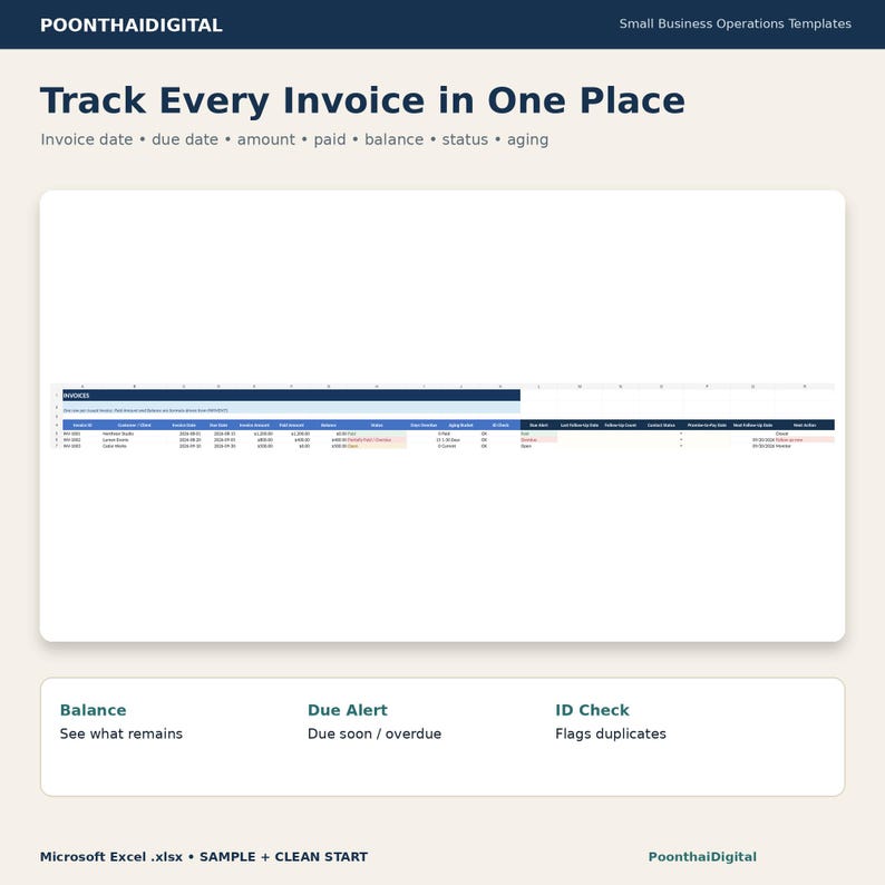 Real Excel INVOICES sheet preview showing invoice date, due date, invoice amount, paid amount, balance, status, aging, due alert and duplicate ID check columns.