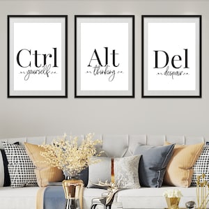Könnte beinhalten: Drei schwarze gerahmte Drucke mit weißen Hintergründen und schwarzem Text. Der erste Druck sagt "Ctrl yourself", der zweite Druck sagt "Alt thinking", und der dritte Druck sagt "Del despair".