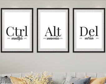 Set Of 3 Canvas Ctrl Alt Del Wall Art Print Set Motivational Decor For Office Home, Inspirational Printable Quote