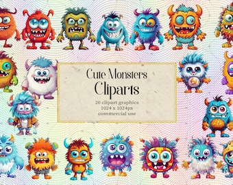 May include: A set of 20 colorful cartoon monster clip art graphics. The monsters are all different colors and have different expressions. The text "Cute Monsters Clipart" is in the center of the image. The text "20 clipart graphics 1024 x 1024px commercial use" is below the title.