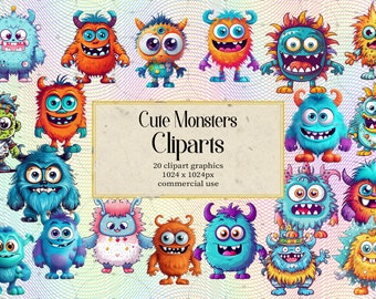 May include: A collection of 20 colorful, cartoon monster cliparts. The monsters have various colors, shapes, and expressions. The image includes the text "Cute Monsters Cliparts" and details about the graphics.