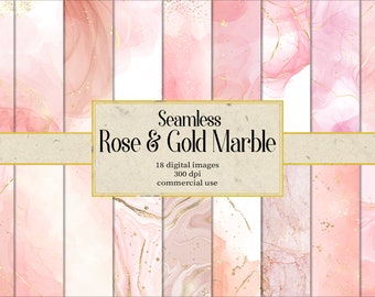 May include: Seamless digital paper pack with 18 rose and gold marble patterns. Each pattern is a seamless repeat and is 300 dpi.  Commercial use is allowed.