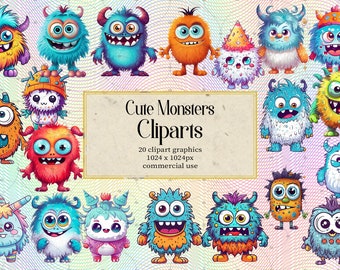 May include: A set of 20 colorful cartoon monster clip art graphics. The monsters are all different colors and have different expressions. The text "Cute Monsters Clipart" is in the center of the image. The text "20 clipart graphics 1024 x 1024px commercial use" is below the title.