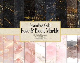Papel de boda sin costuras con texturas de mármol negro y oro rosa (descarga digital)