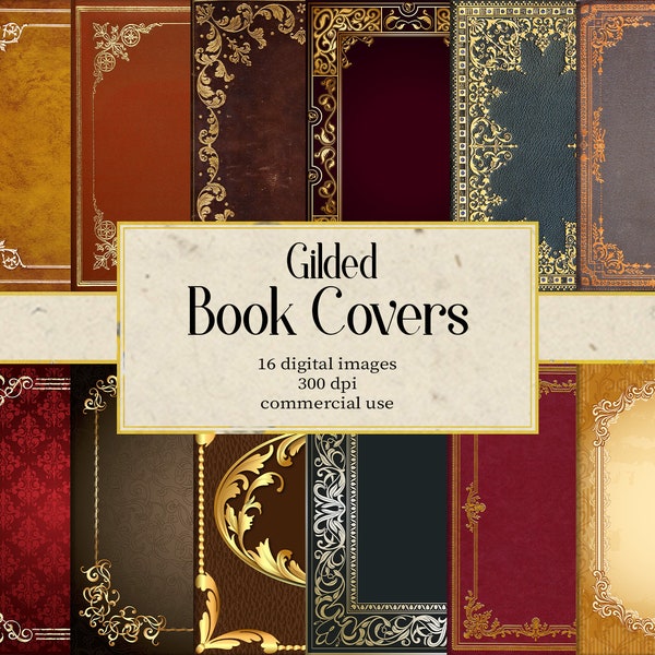16 Gilded Book Covers Gold Digital Paper, Ornamental Book Textures Gold Decorative, Digital Downloads Commercial Use, Vintage Books Antique