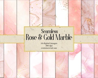 May include: A set of 18 seamless digital paper patterns featuring pink and gold marble designs. The patterns are 300 dpi and can be used for commercial purposes.