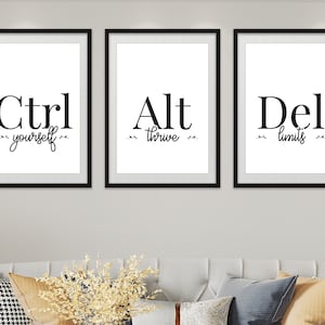 Könnte beinhalten: Drei schwarze gerahmte Drucke mit weißen Hintergründen. Die Drucke zeigen die Wörter "Ctrl yourself", "Alt thrive" und "Del limits" in schwarzem Text.