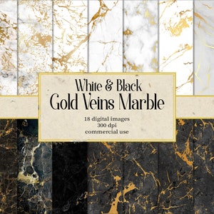 Seamless Black White Gold Marble Digital Paper, Background Textures Black White Gold For Wedding Invitation Cards Cover Poster Banner Design