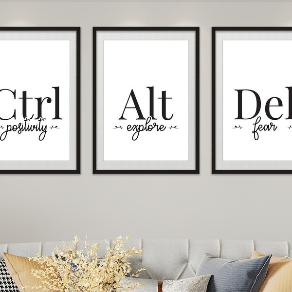 3er Set Leinwand Strg Alt Del Wand Art Print Set Motivationsdekor für Büro Zuhause, inspirierendes druckbares Zitat