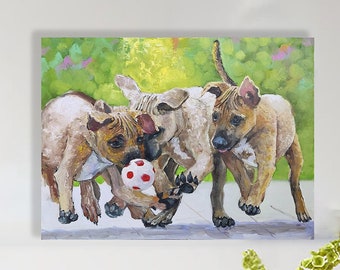 Cute playful Football puppies Original Hand Oil Painting 12х16" fine art by SElenaV puppies oil painting Animals Oil Painting dog Artwork